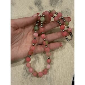 Sterling Silver Navajo Pearl Pink Green Watermelon Jade 10mm Rounds Necklace 18”